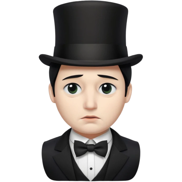 A man with snow white skin, a black half mask with an eye hole, a black top hat, a black vest with a black tie tucked underneath, and a white collared shirt. A frown, and closed eyes. emoji
