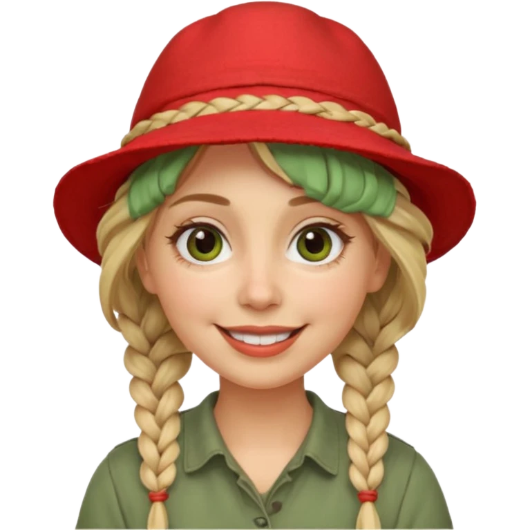 messy green clay mask and red tourist hat blond braided woman big eyes smiling emoji