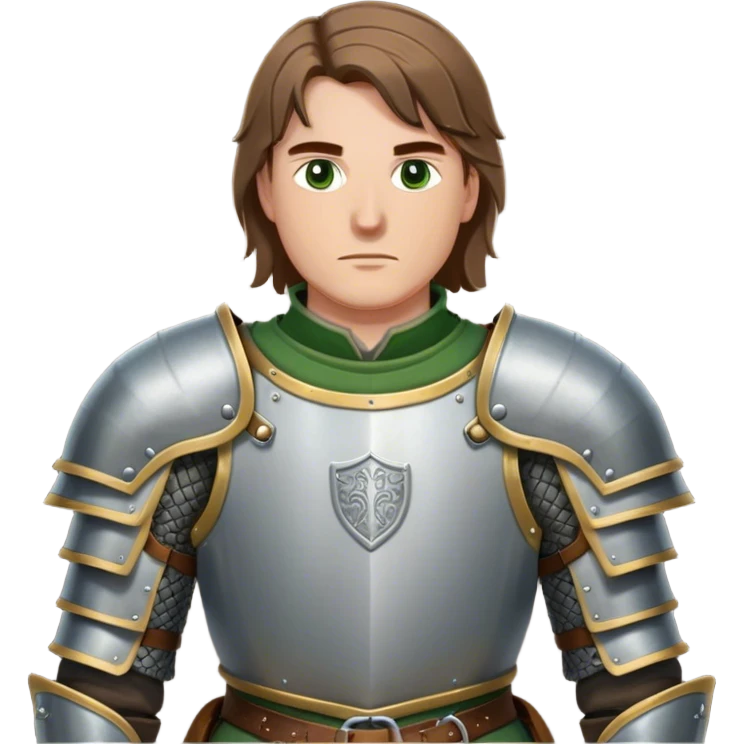 medieval battle armor worn by a DnD themed fantasy character. basic padded gambeson with metal pauldrons and a reinforced gorget. armor only above the waist. The armor full waist. The character's haven't arms. character is brown hair green eyes shoulder-length straight hair white man. emoji