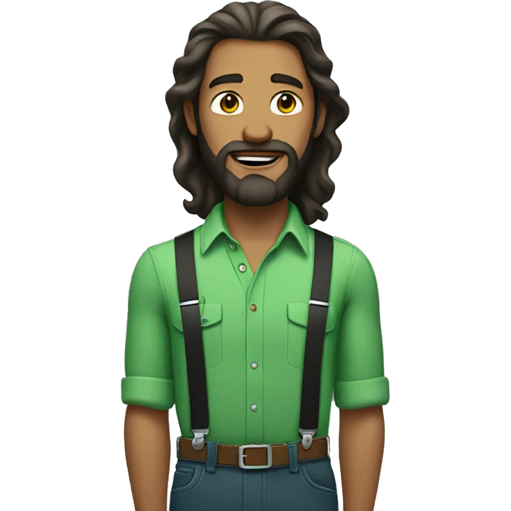 man with long hair and beard in green shirt and suspenders emoji