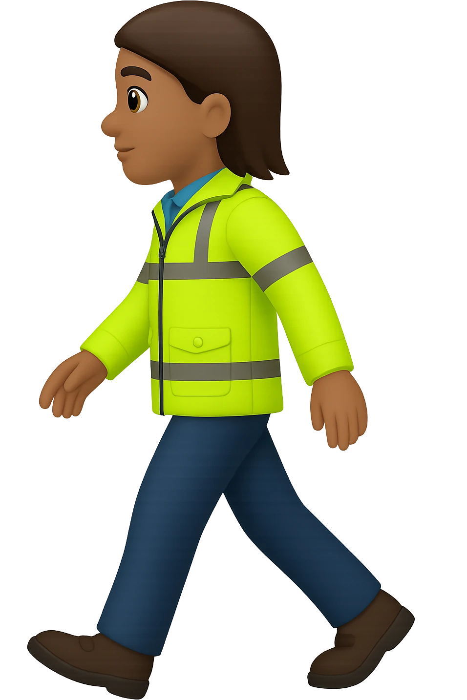 Create a full-body person walking, wearing a high-visibility jacket, no hard hat, in the style of apple emojis, with no background (transparent). emoji
