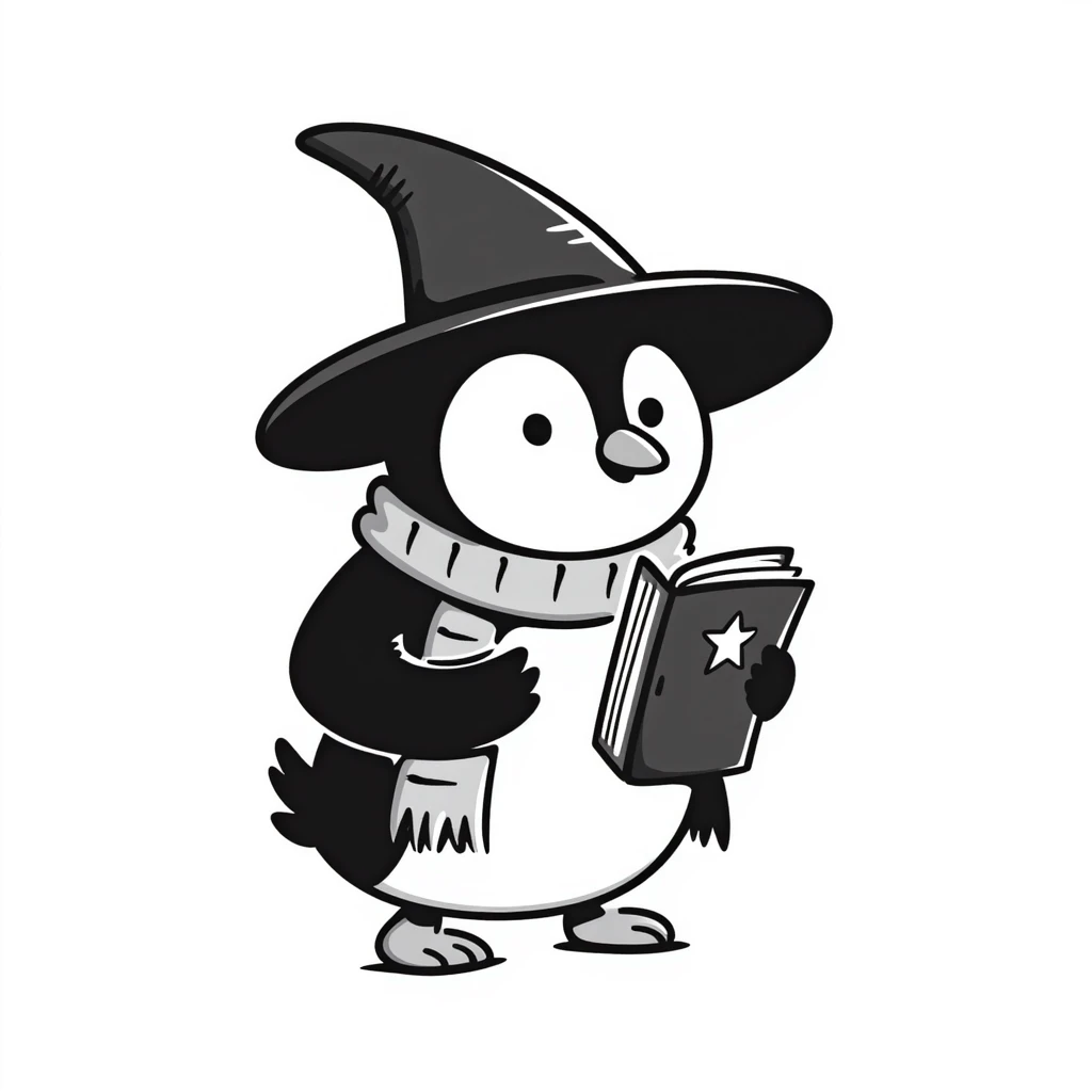 penguin wizard with a big hat and magic book emoji