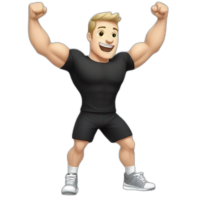 Joyful Celebrating victory Pale skinned Fit Man With the biceps and dark brown hair in black shirt, gray sports shorts and white Sneakers emoji