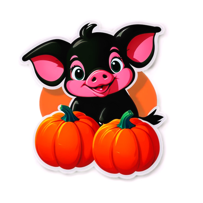 A black piglet holding 4 pumpkins with 4 “luck” written on it. emoji