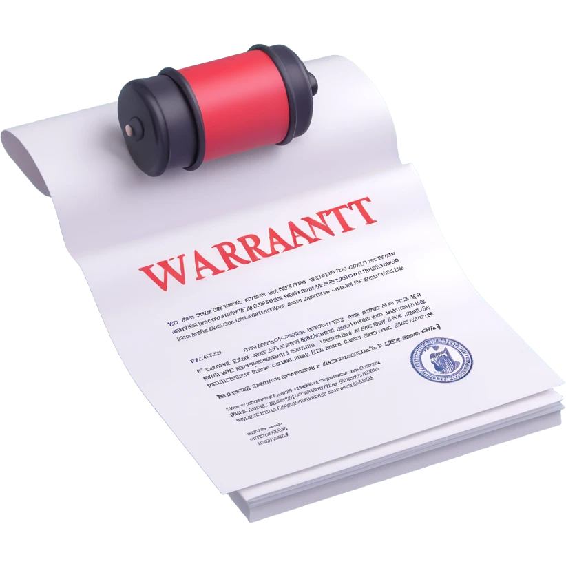3D icon style legal document labeled 'WARRANT' at the top, white paper, body text, signature and stamp at the bottom, bright lighting emoji