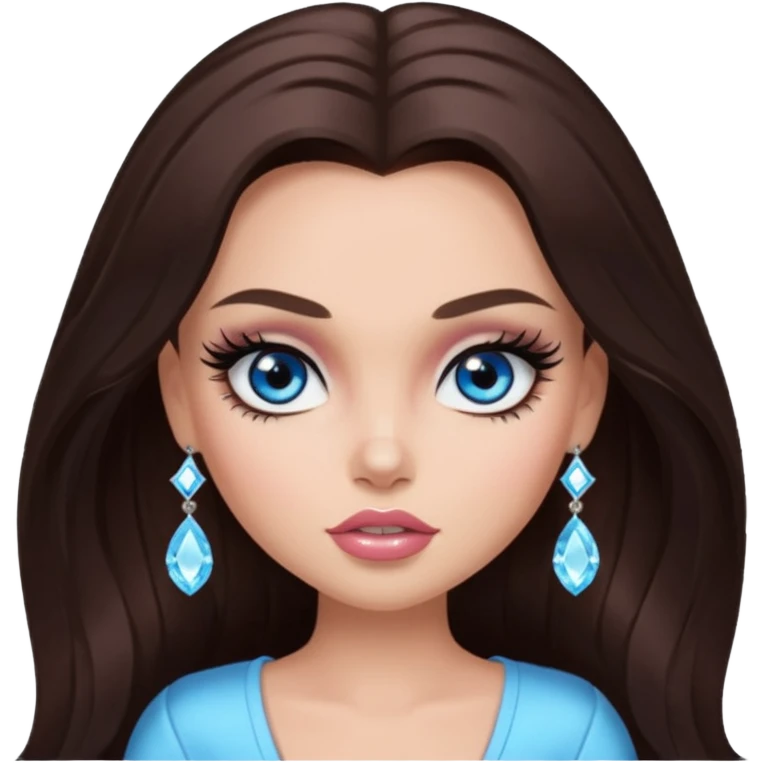 pretty bratz baddie, long darkbrown hair, pretty makeup, long lashes, pretty crystal blue eyes emoji