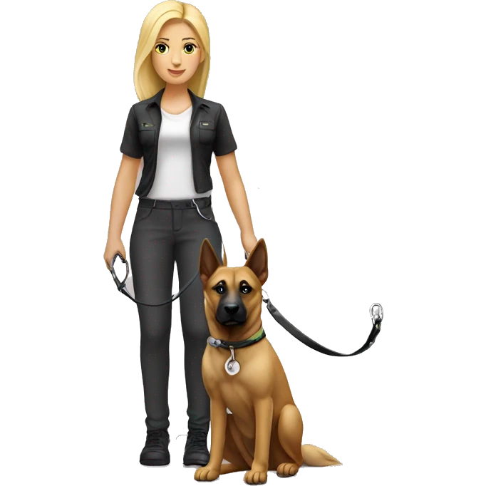 Blonde girl with one Belgian Malinois on a leash power stand emoji