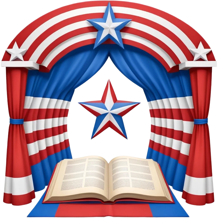 Theater scenography book with pages forming the Puerto Rican flag design, red and blue stripes with white star, showing stage elements and set designs emoji