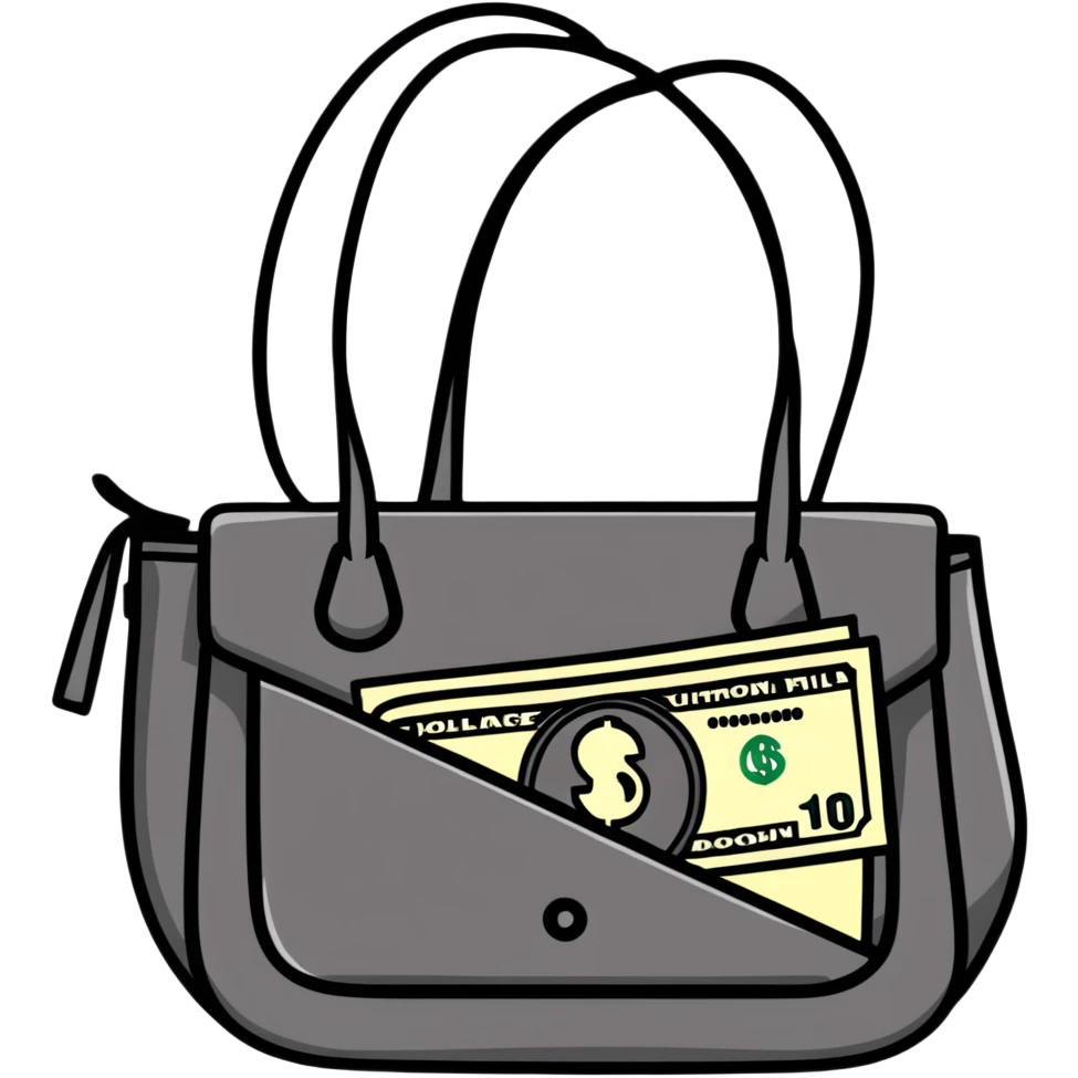 black leather handbag with dollar bill visible inside emoji