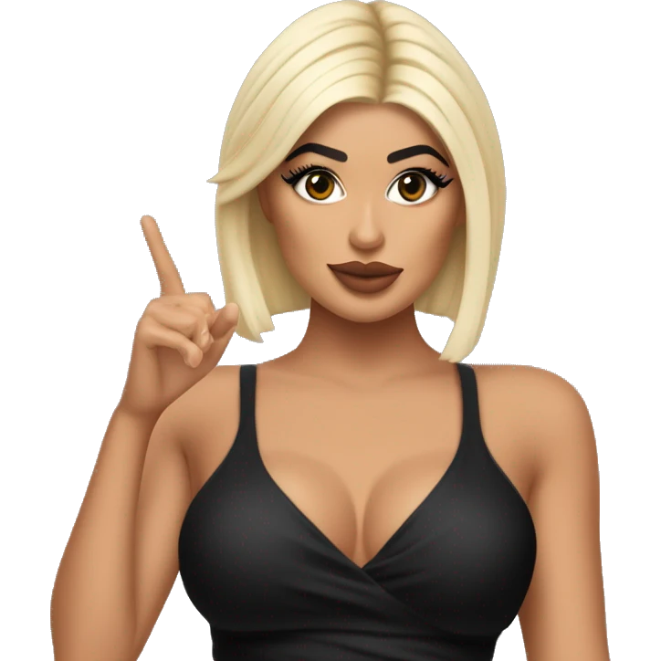 Emoji of Kylie Jenner with blonde hair in a black mini dress with bra, confidently pointing forward with a stylish, influencer vibe pointing forward emoji