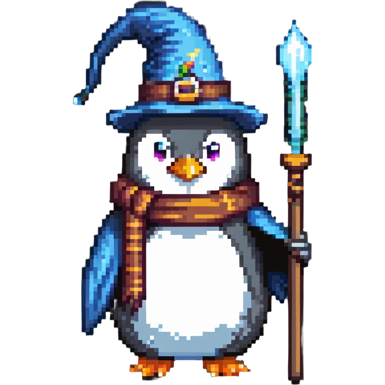 penguin wizard with a staff and wizard hat emoji