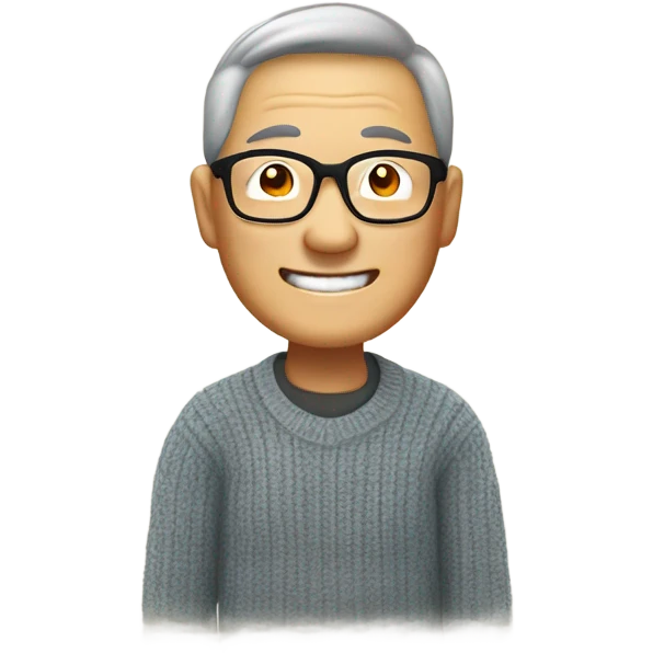 Asian man at 60 years old who is in a sweater giving a thumbs up and smiling with eye glasses. Use a text bubble to say “Chester Chao EmblemHealth Treasury” emoji