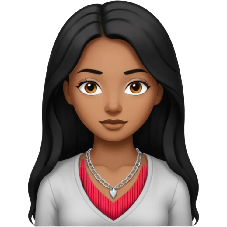 Brown skin girl with long black hair with 4 edges 2 on each side wearing a v-cut neckline shirt with a silver necklace emoji