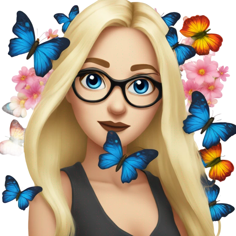 Gorgeous flowing blonde lady blue eyes with flowers and butterflies wearing glasses  emoji