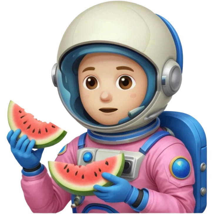 Neon pink and blue spaceman eating melon looking suspicious emoji