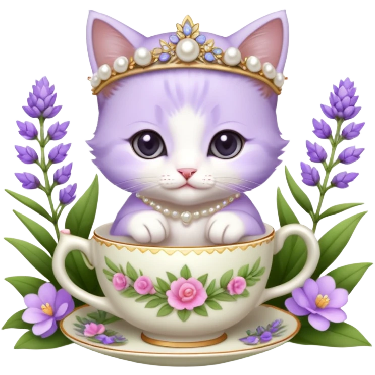 A lavender-colored kitten with a floral crown, pearl necklace, and a tiny teacup, sitting in a garden full of blooming flowers. emoji
