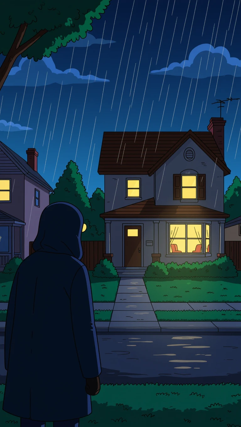 Springfield sous la pluie, la nuit. Une silhouette encapuchonnée observe la maison des Simpson. emoji