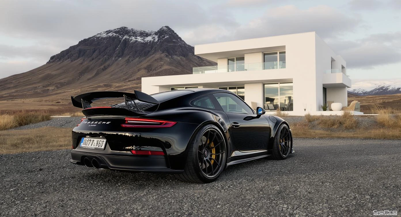 black porsche 911 with bodykit, in background is modern huge two flors white villa, in distance are iceland mountains, rule of thirds, shot on gopro hero, noise camera emoji