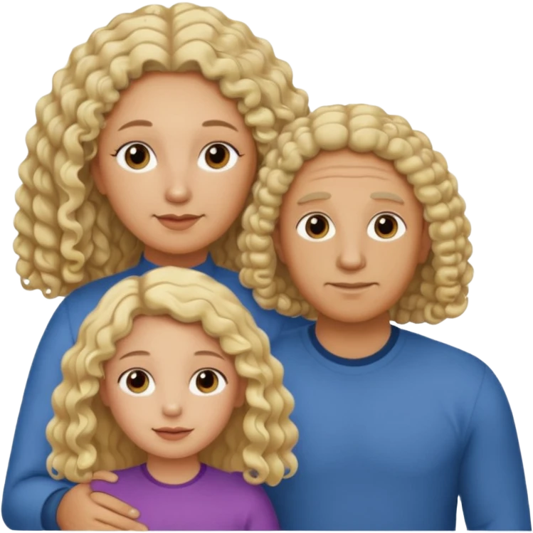 Papá calvo moreno, hija rizada con pelo largo  y mamá rubia pero que no se abracen, la mamá lacia emoji