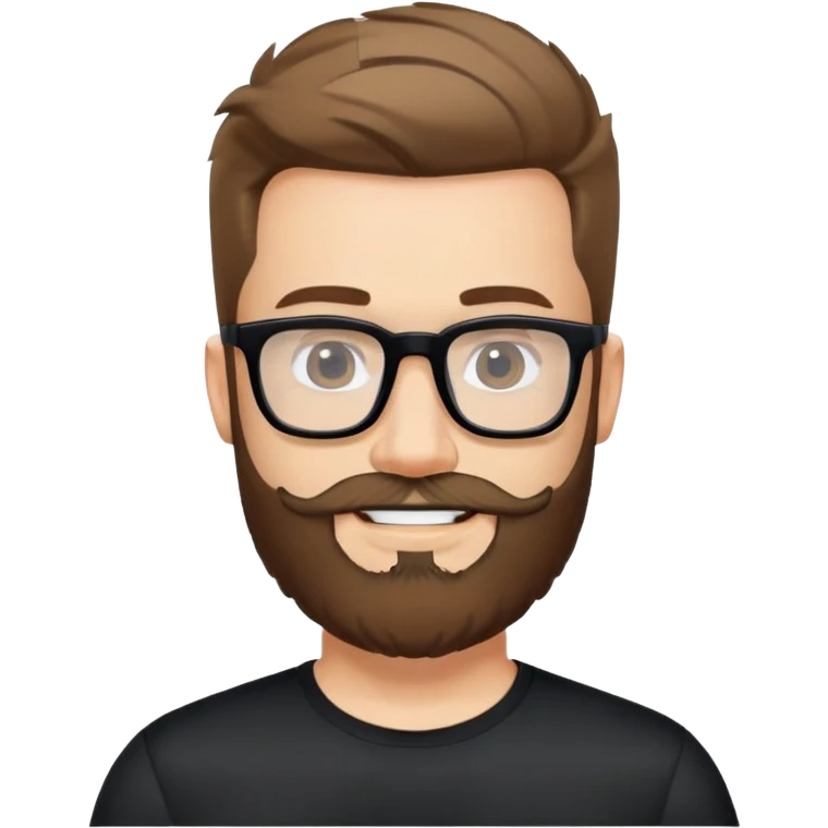 Fair-skinned man with full beard, short hair styled upward, large black-framed glasses, smiling, wearing black athletic fabric shirt emoji