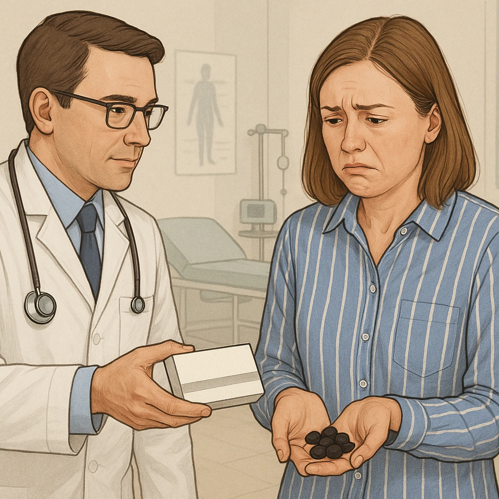 A realistic or illustrative style image of a doctor in a white coat handing a box of medicine to a woman with a discomforted expression. The woman holds pills in her hand. The background is a clinic room, inspired by the reference image. emoji