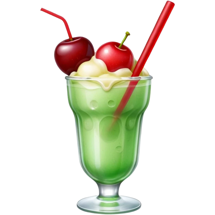 Create an emoji with a clear rounded glass, bright transparent green soda with fine bubbles, a smooth vanilla scoop, a glossy red cherry, and a red straw, using vibrant colors, soft shading, and clear glass highlights.
 emoji