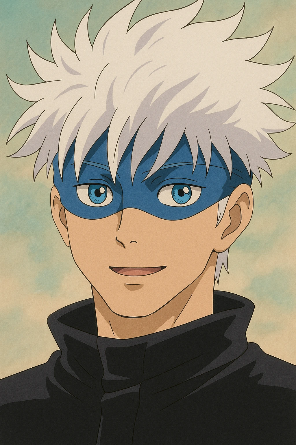 Gojo Satoru, close-up portrait, expressive eyes, white spiky hair, blue blindfold, soft background, Ghibli style emoji