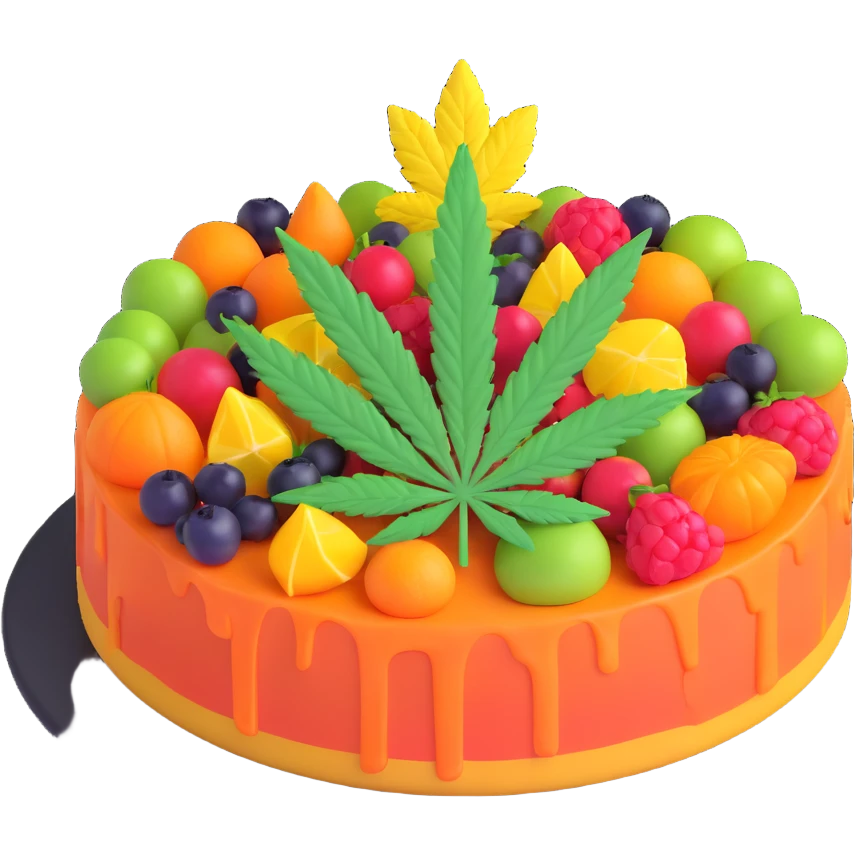 colorful frosted fruit cake with cannabis leaf on a plate emoji