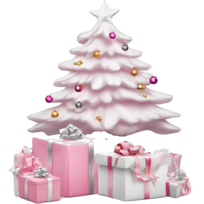 Light pink Christmas gifts under a white Christmas tree  emoji