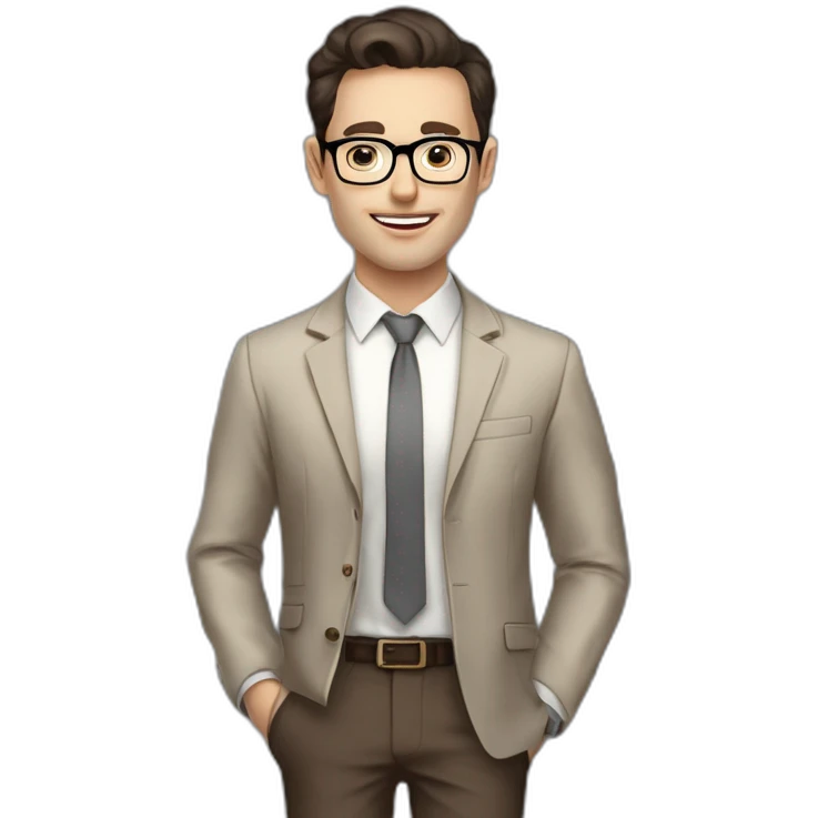 Pale skinned fit man with dark brown hair in gray jacket, beige office shirt, brown tie, brown pants and vintage glasses Writing text on the flipchart emoji