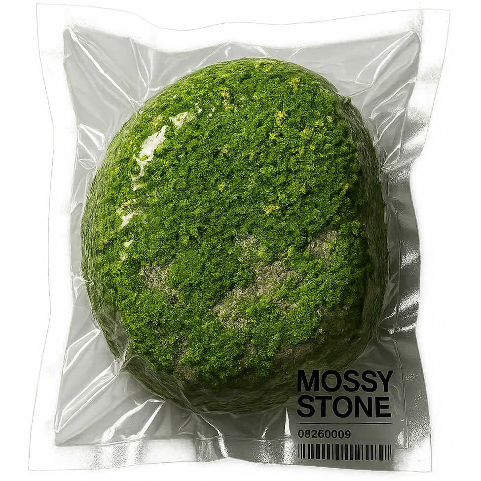 stone mostly covered in green moss with small flowers, glossy and puffy emoji
