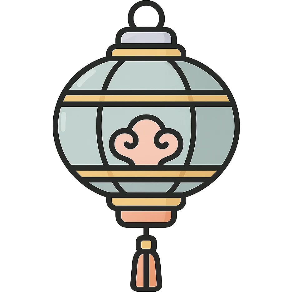 beautiful Chinese lantern with golden decor and tassel, thin clean outlines, soft rounded shapes, pastel palette #98B5BC, #B5B3C1, #C9A3C9, #E4C0CA, #F7DCD1, #F7C0AA, detailed shadows and highlights, soft lighting, transparent background, oriental style emoji