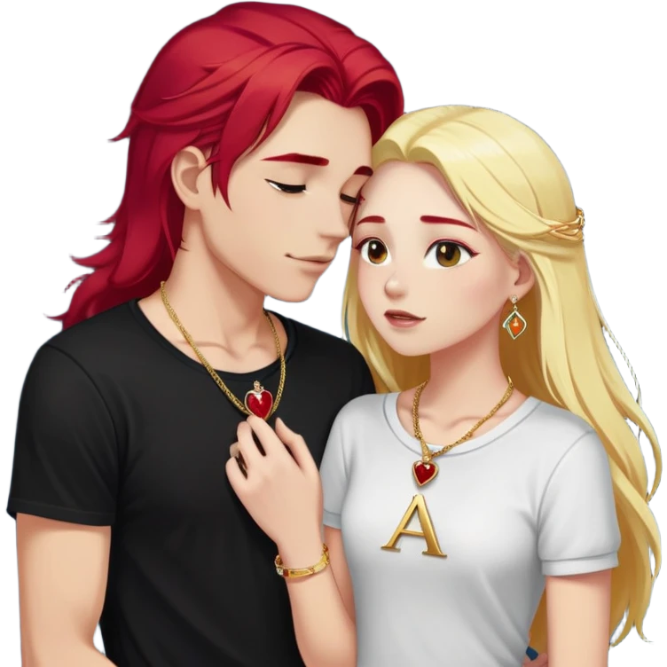 young 20 year old couple kissing, girl with long cherry red hair and blonde eyebrows wearing gold necklace with letter A, diamond gold ring, red bracelet and light clothes, boy with pure snow white hair wearing dark t-shirt and silver ring with black stone emoji