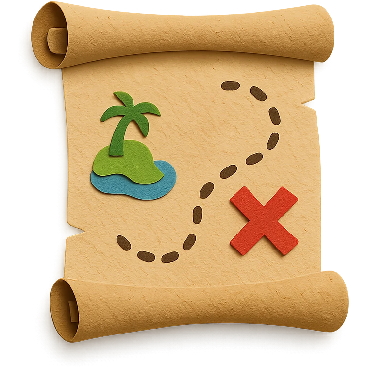 rolled treasure map with an X mark, dotted path, and island details, layered paper effect emoji