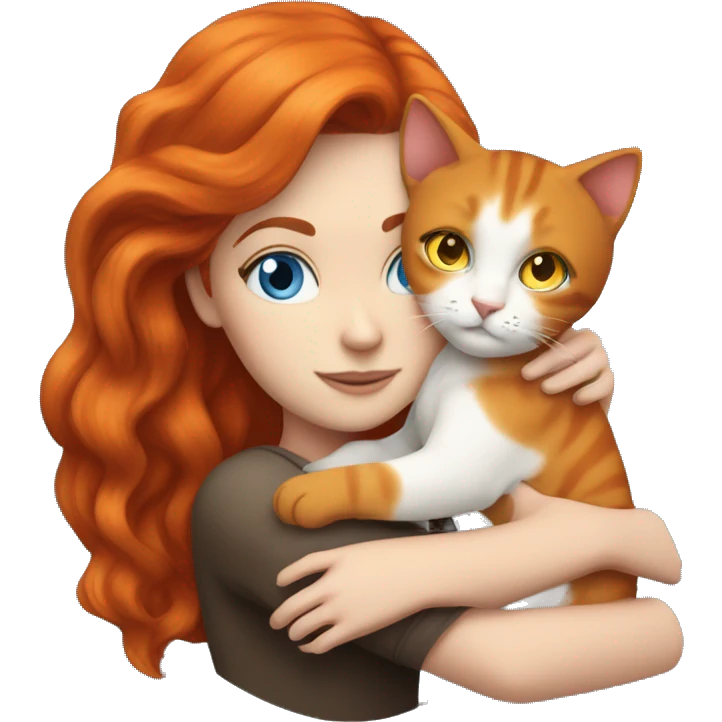 Realistic white girl dark red hair and blue eyes hugs a orange cat  emoji