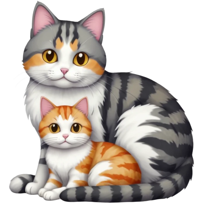full body colourful light patched calico + white tabby cat cuddling a bigger cat that is dark grey and white tabby cat  emoji