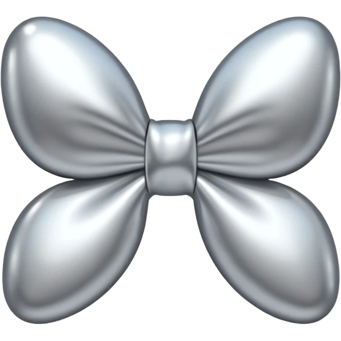 A cute bow emoji made of polished silver chrome, smooth rounded loops, glossy metallic surface, soft mirror reflections, subtle highlights, minimal and adorable proportions, iOS emoji style, centered composition, clean white background, soft studio lighting, no text, no outline, ultra high quality emoji