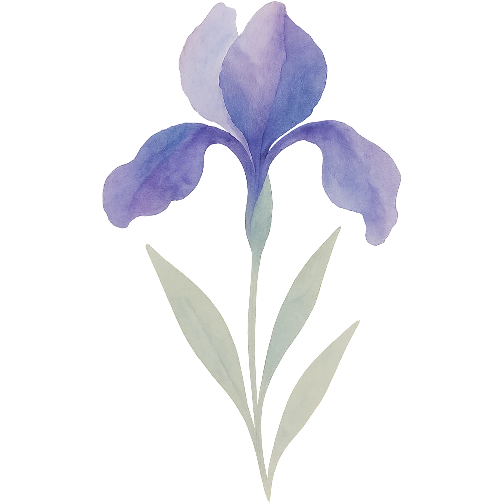 iris flower, flowing brushstrokes, rich purple and blue hues, elegant shape, naturalistic leaves emoji
