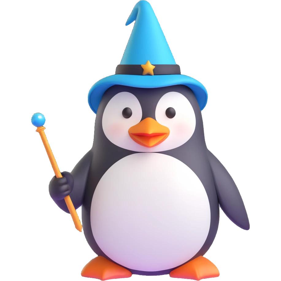 A penguin wizard with a pointy hat and a magic wand emoji