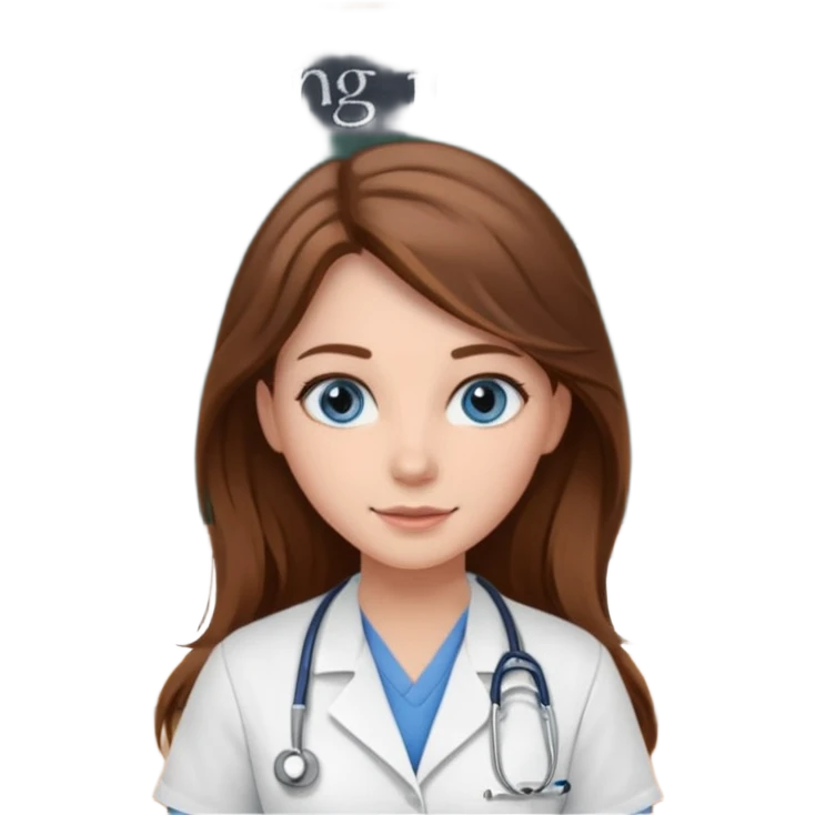 university classroom that says nursing school on the blackboard with a pretty female nursing student with long brown hair, blue eyes emoji