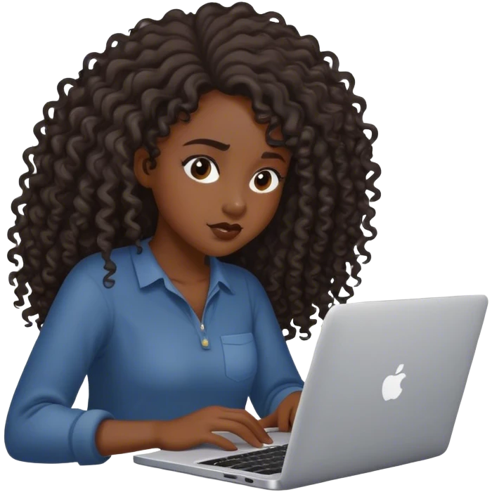 Black girl pretty with long curly hair  black trying to work on laptop  emoji