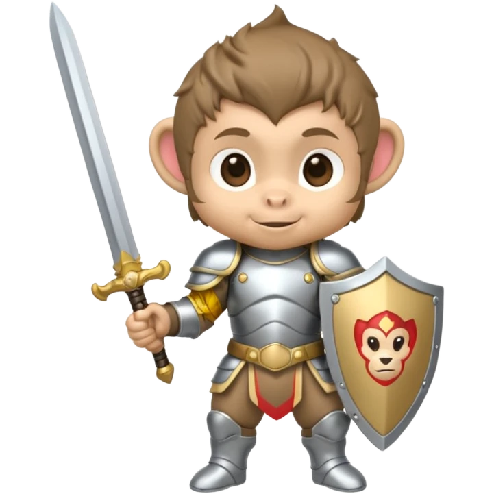 baby chibi monkey in silver armor, full body, smile, hold sword emoji