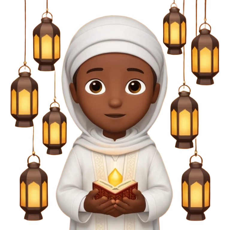 Personnage 3D mignon en style Pixar, un petit garçon portant un qamis blanc et un kufi, tenant un tapis de prière, entouré de lanternes brillantes, fond doux, couleurs chaudes, garçon teint noir emoji