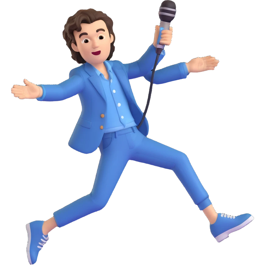 Harry Styles leaping, microphone in hand, modern pop style, lively expression emoji