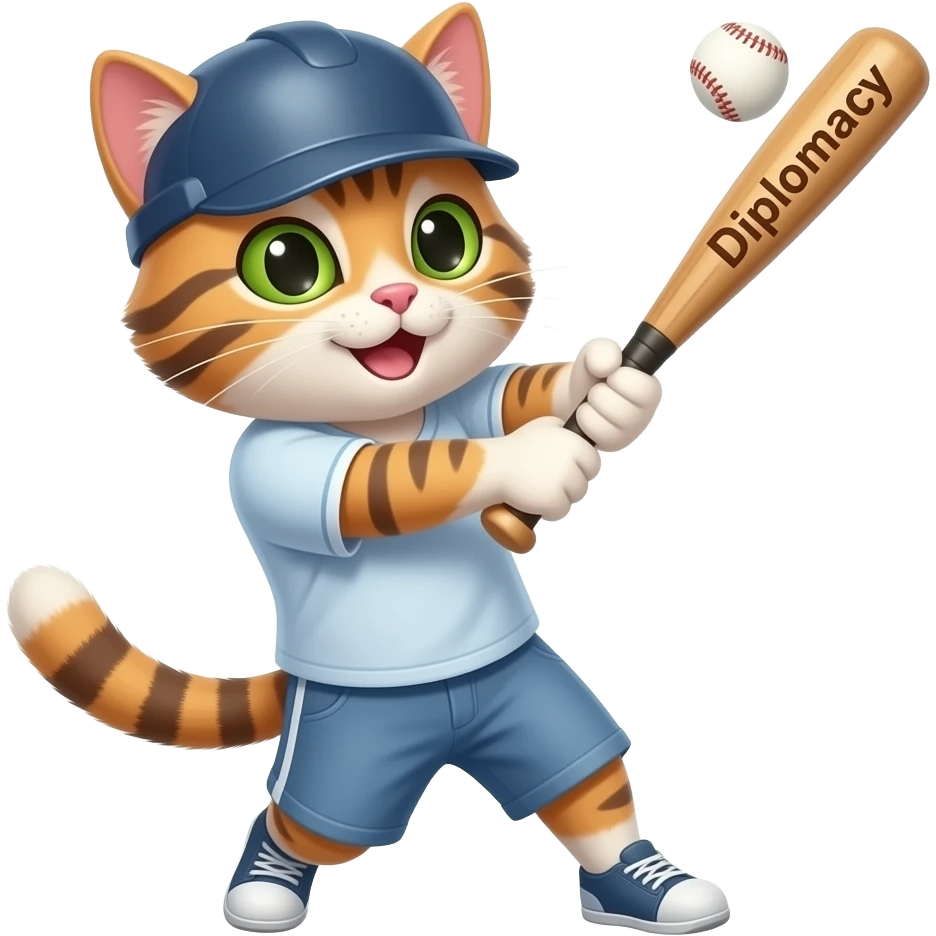 Cat swinging a base ball bat text on bat Diplomacy emoji