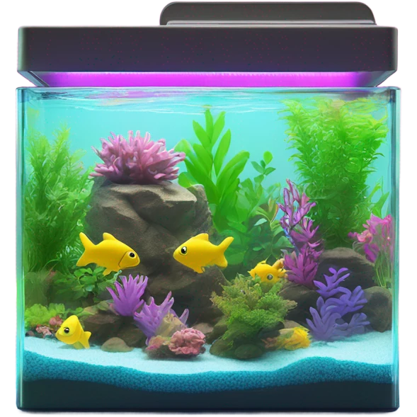 One Rectangular fish tank, beige lid and wedges with green plants inside  and  fish in different neon colors (pink, yellow, purple, green, blue) emoji