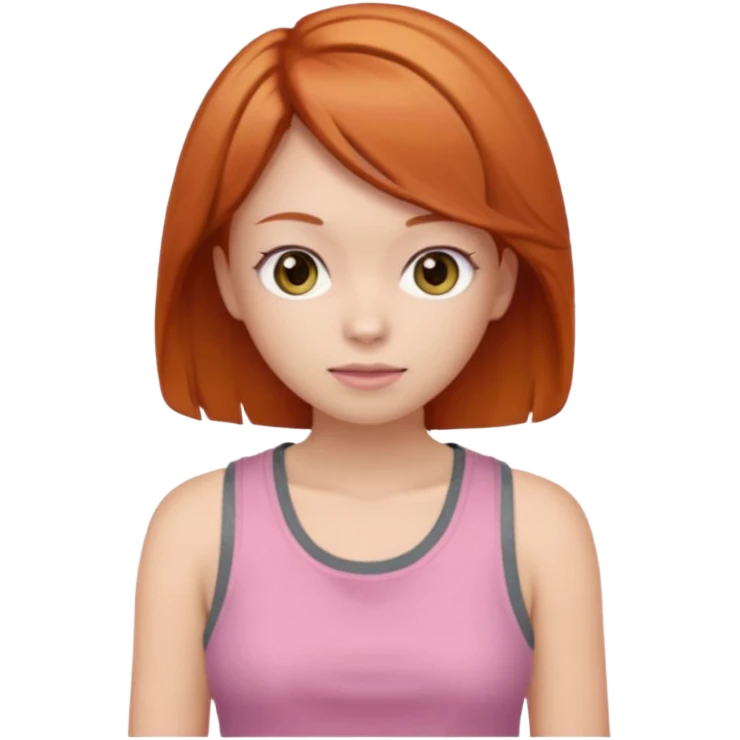 Create emojis of a girl with ginger hair and a hime haircut, gray eyes. She's wearing a pink tank top and a brown sweatshirt. emoji