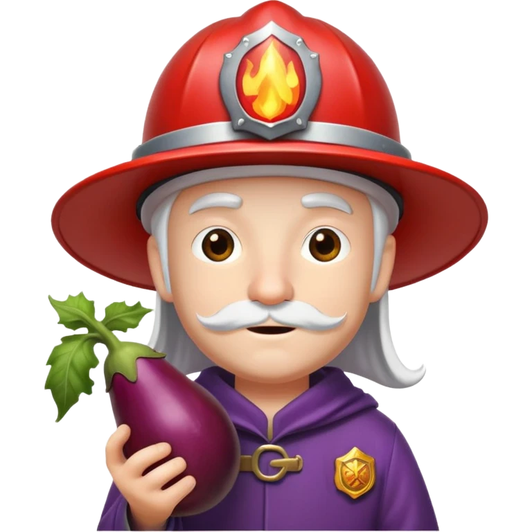 Wizard with a firefighter hat and holding a eggplant emoji