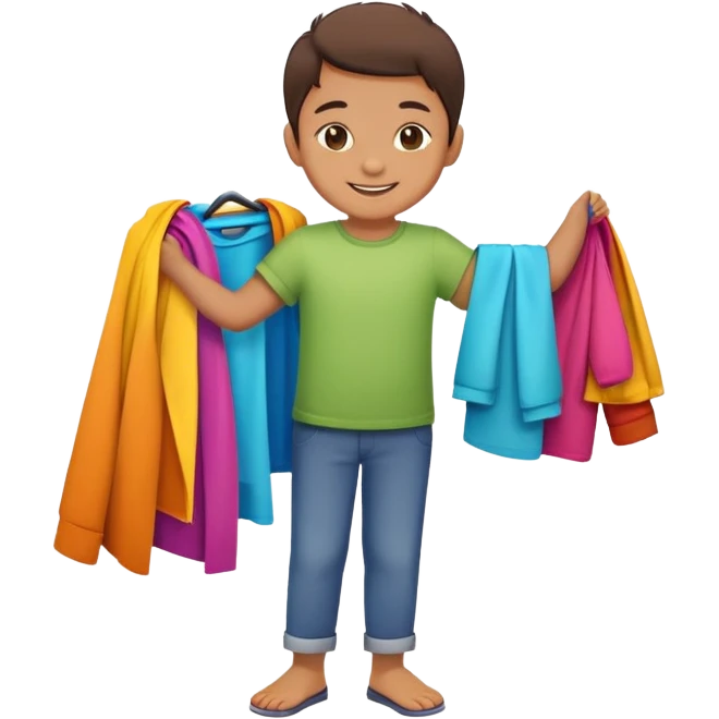 child folding colorful clothes, smiling, organized emoji