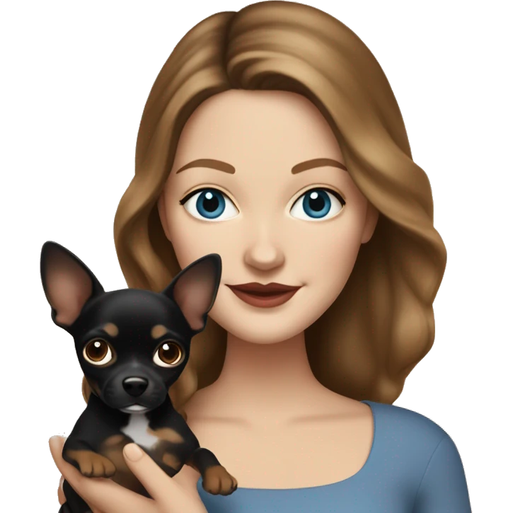 Drew Barrymore Lookalike, brunette with blue eyes holding a black and brown chihuahua emoji